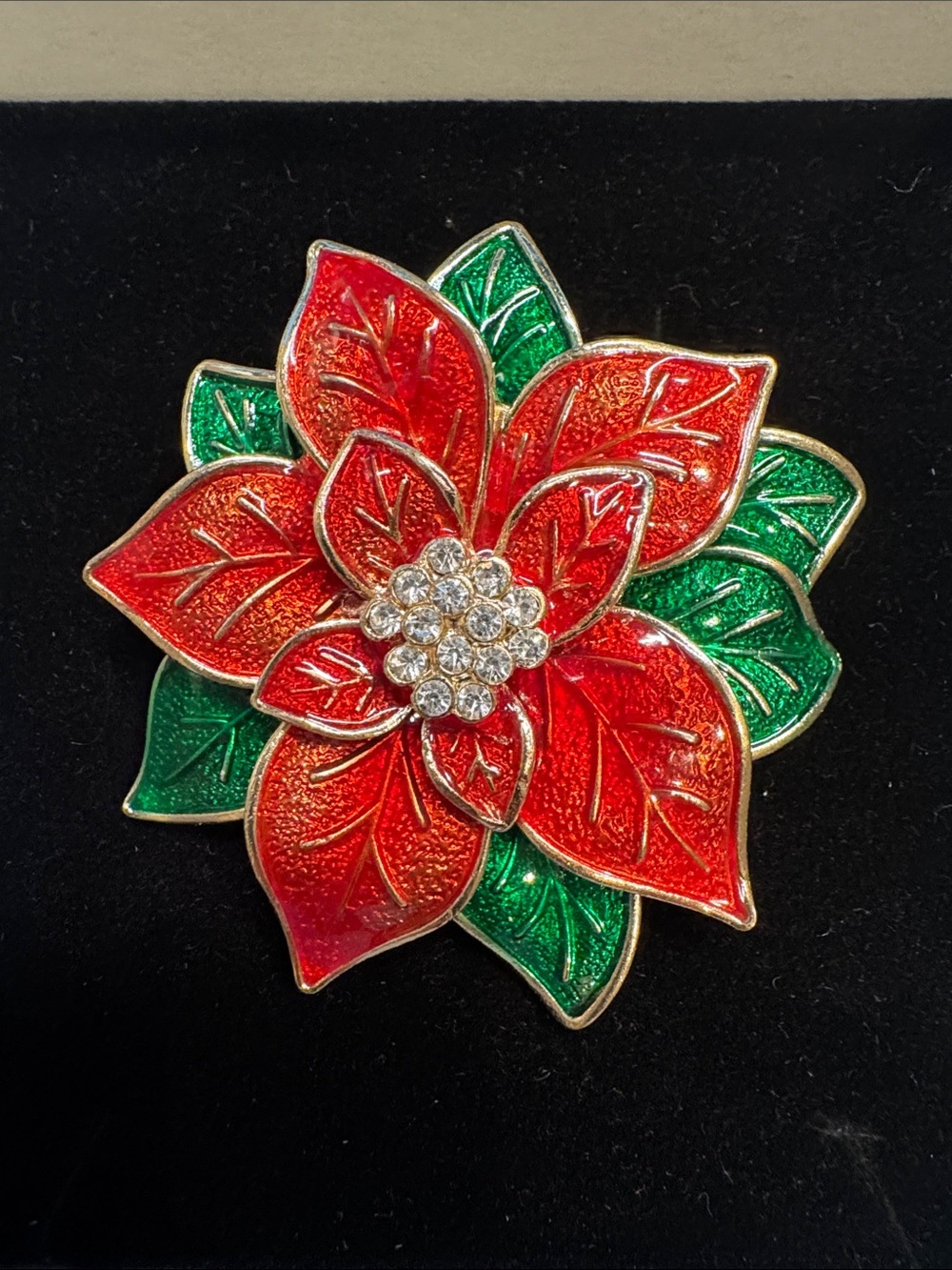 Festive Red & Green Poinsettia Christmas Brooch with Crystal Center